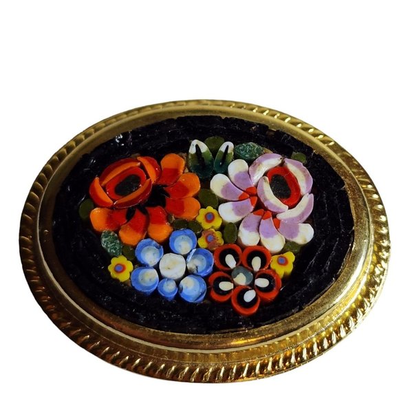 Vintage Italy Micro Mosaic Millefiori 4 Flowers Red Pietra Dura Brooch Pin Oval - Picture 3 of 11
